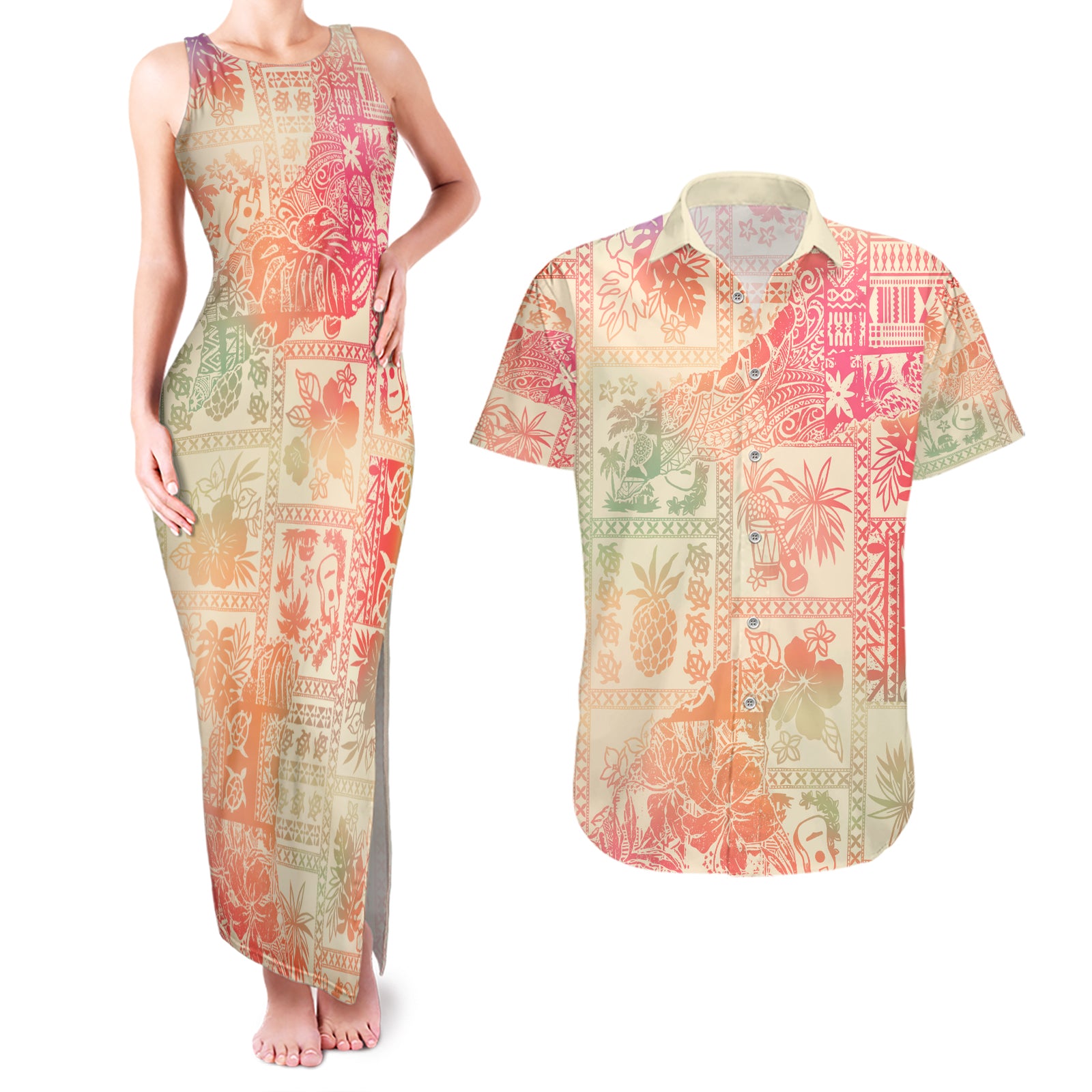 Hawaii Couples Matching Tank Maxi Dress and Hawaiian Shirt Aloha Tribal Pattern Sweat Pink Ombre LT9 Pink - Polynesian Pride