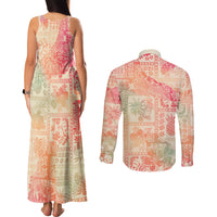 Hawaii Couples Matching Tank Maxi Dress and Long Sleeve Button Shirt Aloha Tribal Pattern Sweat Pink Ombre LT9 - Polynesian Pride