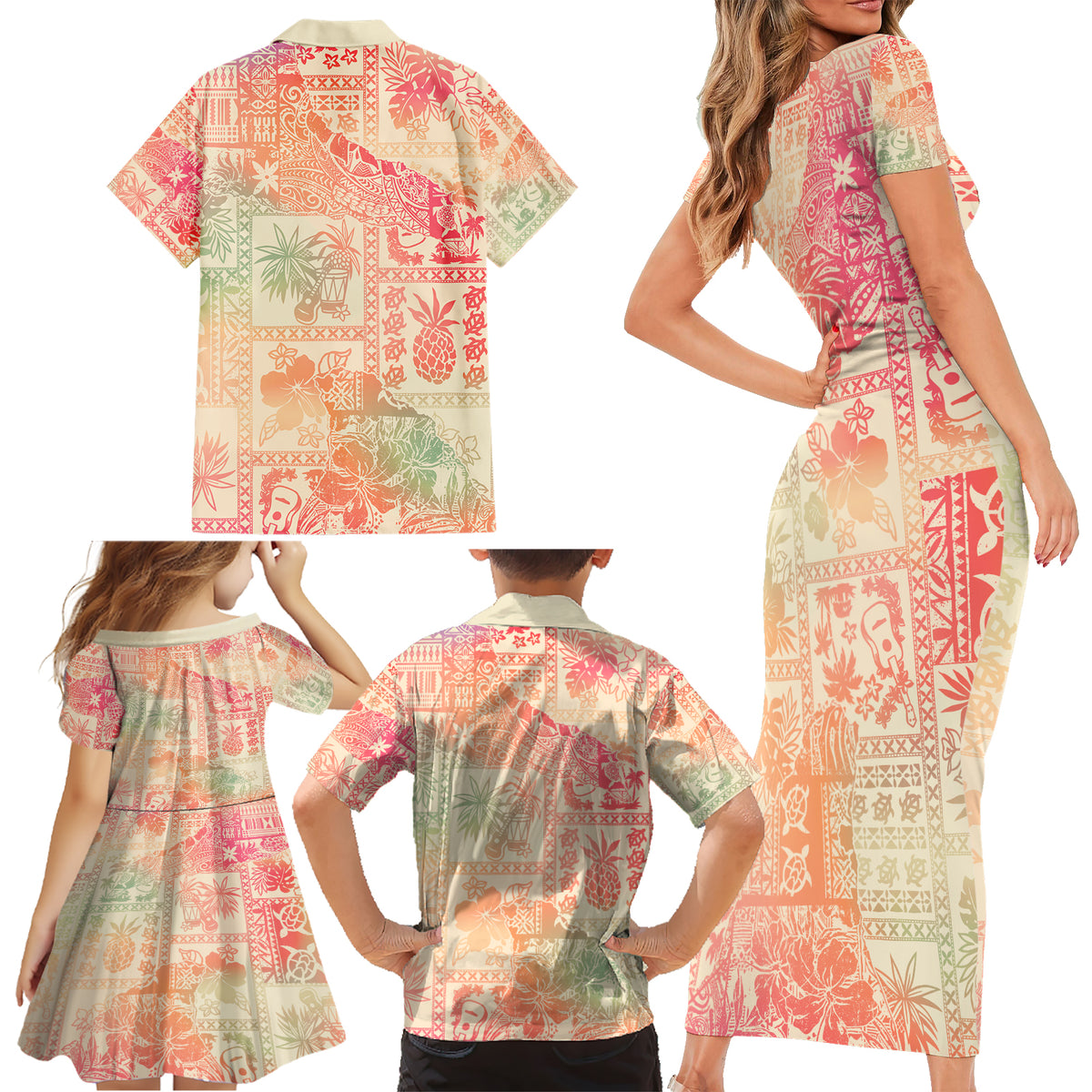 Hawaii Family Matching Short Sleeve Bodycon Dress and Hawaiian Shirt Aloha Tribal Pattern Sweat Pink Ombre LT9 - Polynesian Pride