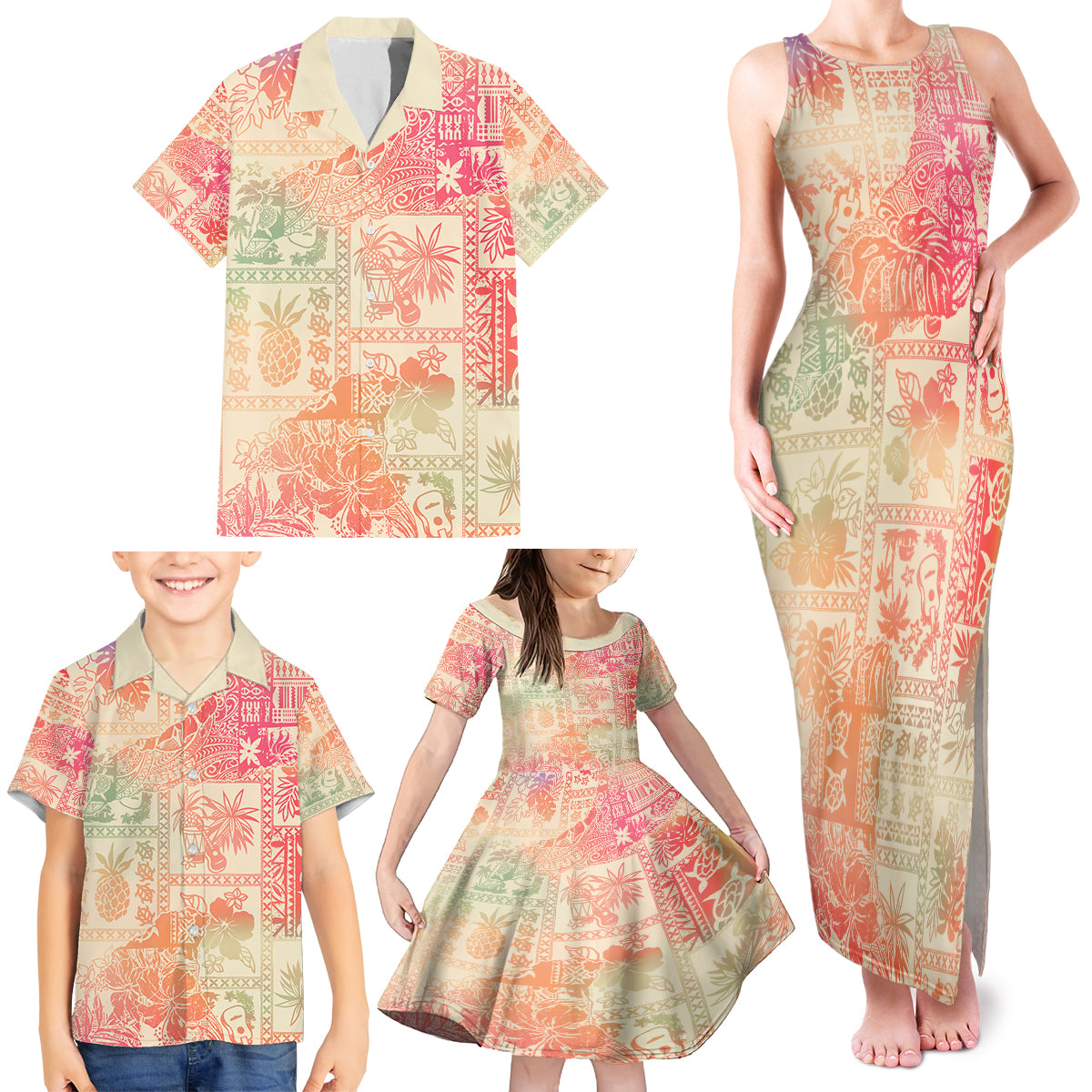Hawaii Family Matching Tank Maxi Dress and Hawaiian Shirt Aloha Tribal Pattern Sweat Pink Ombre LT9 - Polynesian Pride