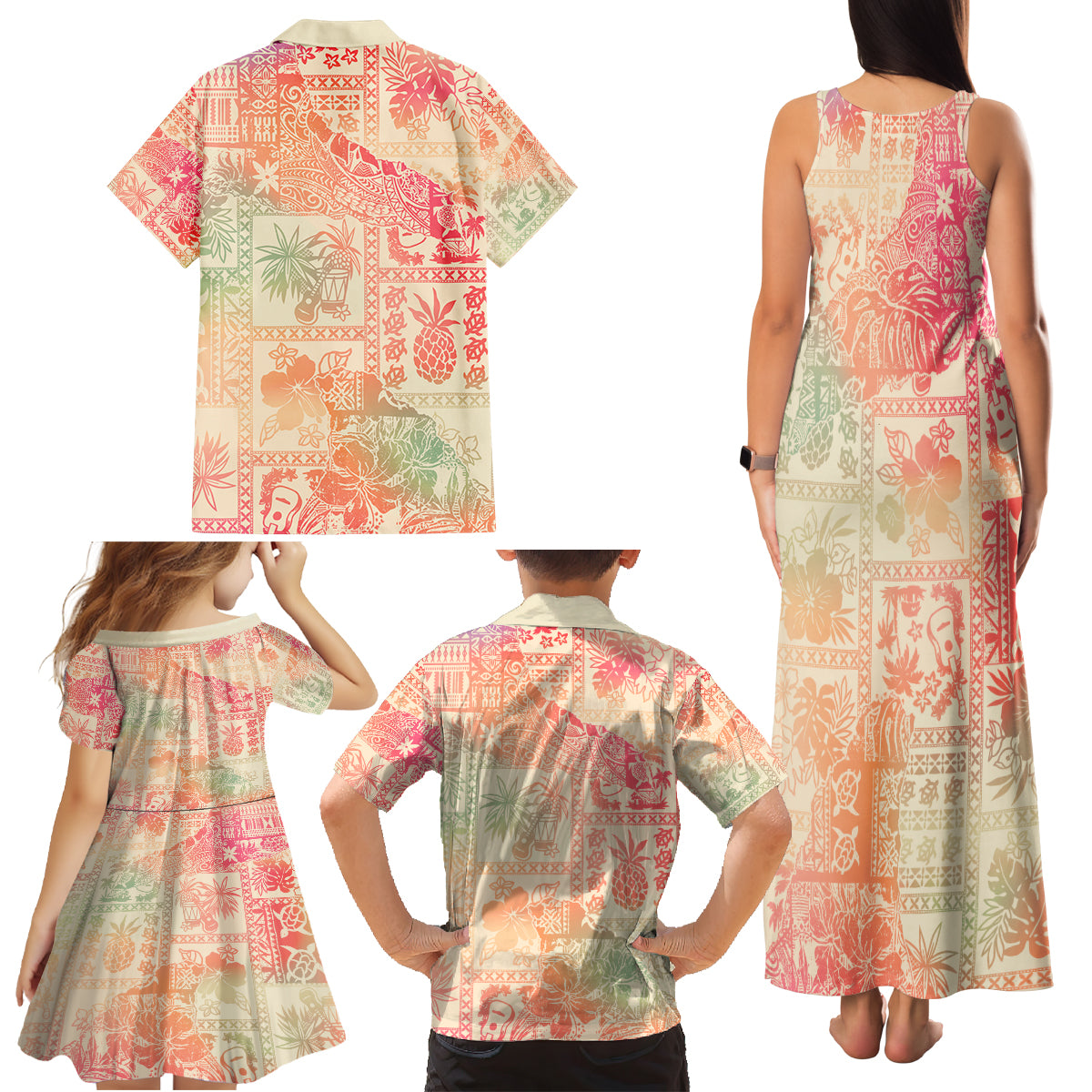 Hawaii Family Matching Tank Maxi Dress and Hawaiian Shirt Aloha Tribal Pattern Sweat Pink Ombre LT9 - Polynesian Pride