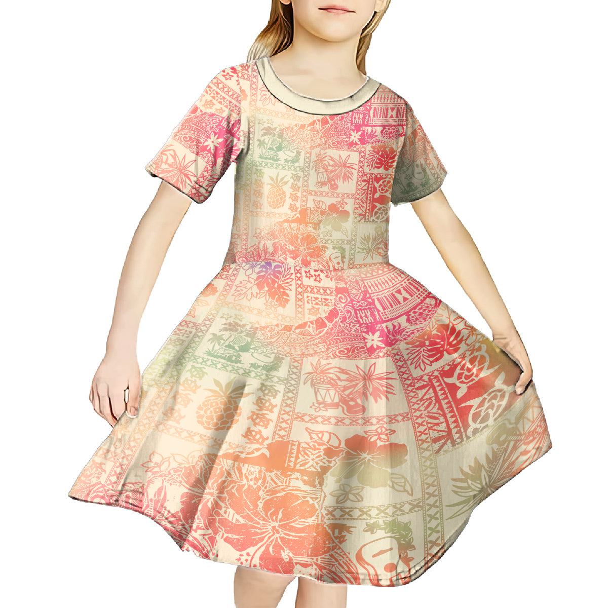 Hawaii Kid Short Sleeve Dress Aloha Tribal Pattern Sweat Pink Ombre LT9 - Polynesian Pride
