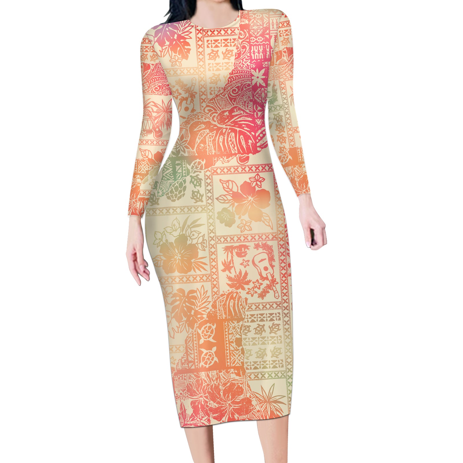 Hawaii Long Sleeve Bodycon Dress Aloha Tribal Pattern Sweat Pink Ombre LT9 Long Dress Pink - Polynesian Pride