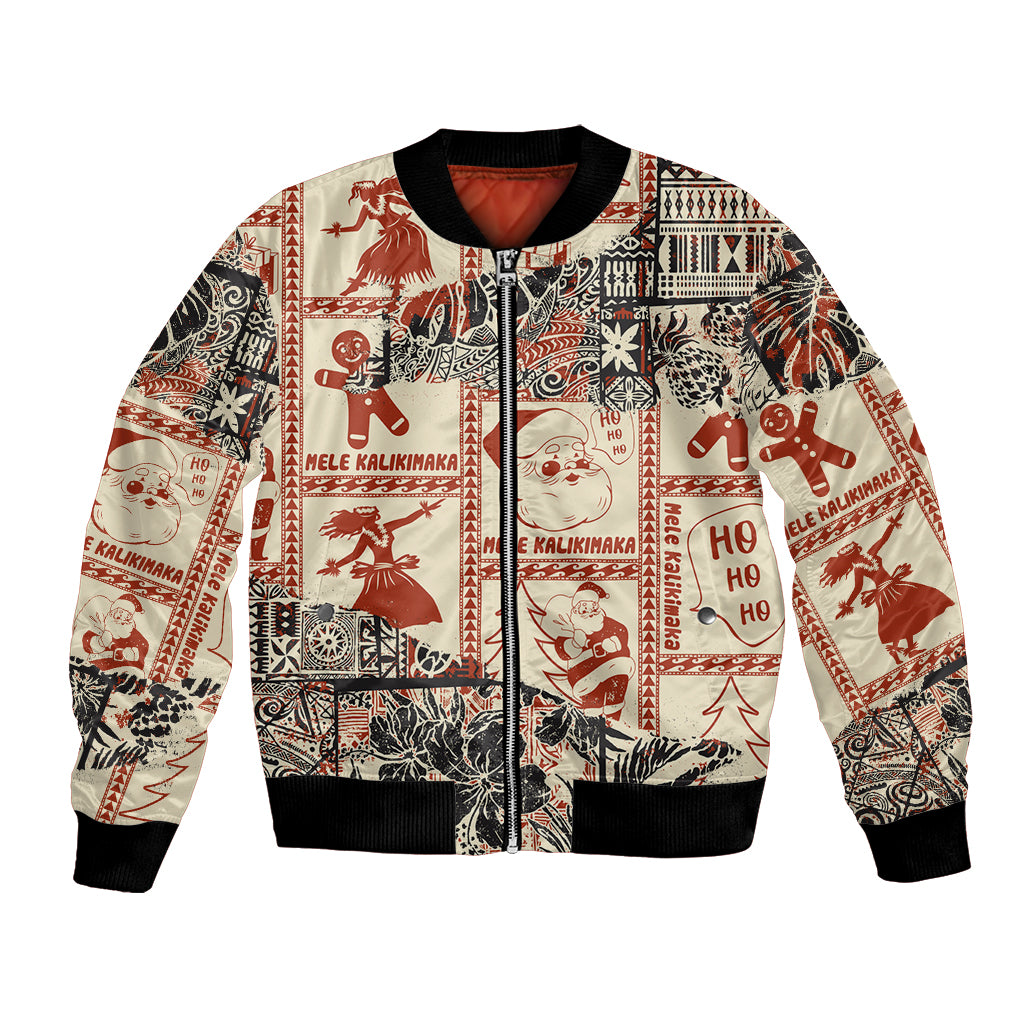 Aloha Hawaii Christmas Bomber Jacket Mele Kalikimaka Tapa Tribal Retro Style LT9 Unisex Beige - Polynesian Pride
