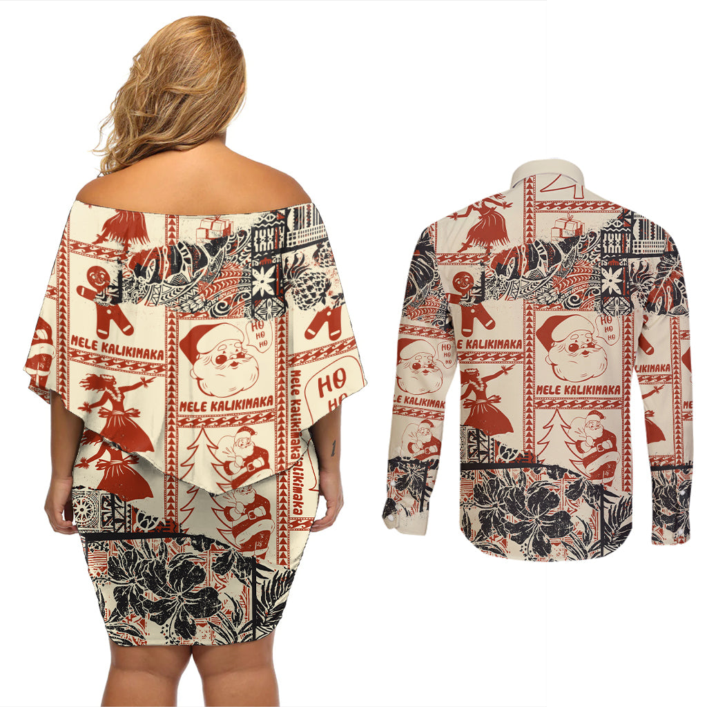Aloha Hawaii Christmas Couples Matching Off Shoulder Short Dress and Long Sleeve Button Shirt Mele Kalikimaka Tapa Tribal Retro Style LT9 - Polynesian Pride