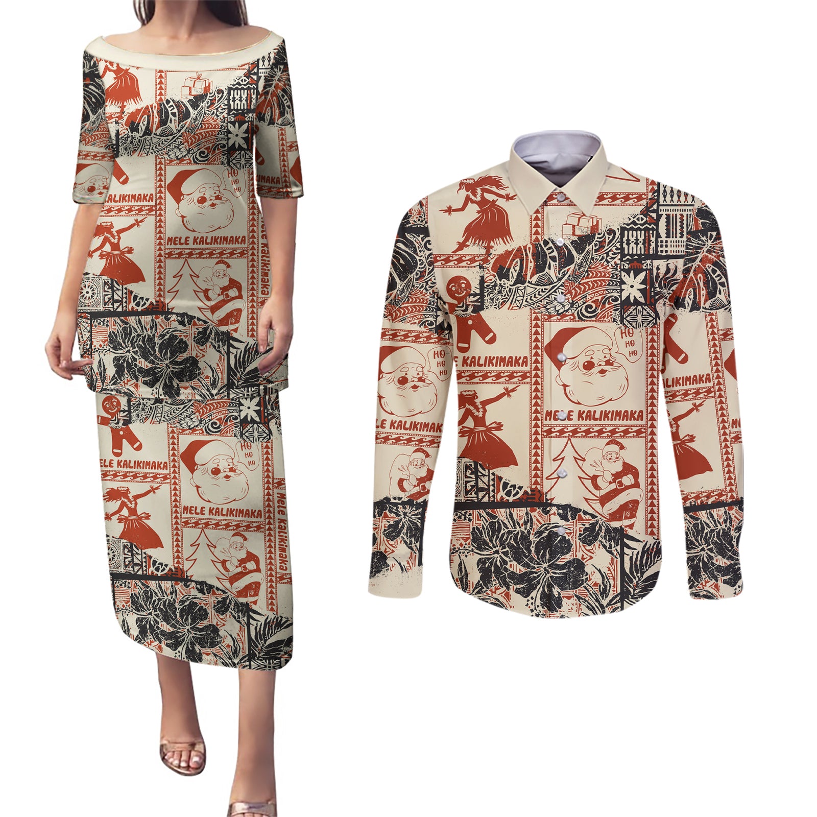 Aloha Hawaii Christmas Couples Matching Puletasi Dress and Long Sleeve Button Shirt Mele Kalikimaka Tapa Tribal Retro Style LT9 Beige - Polynesian Pride