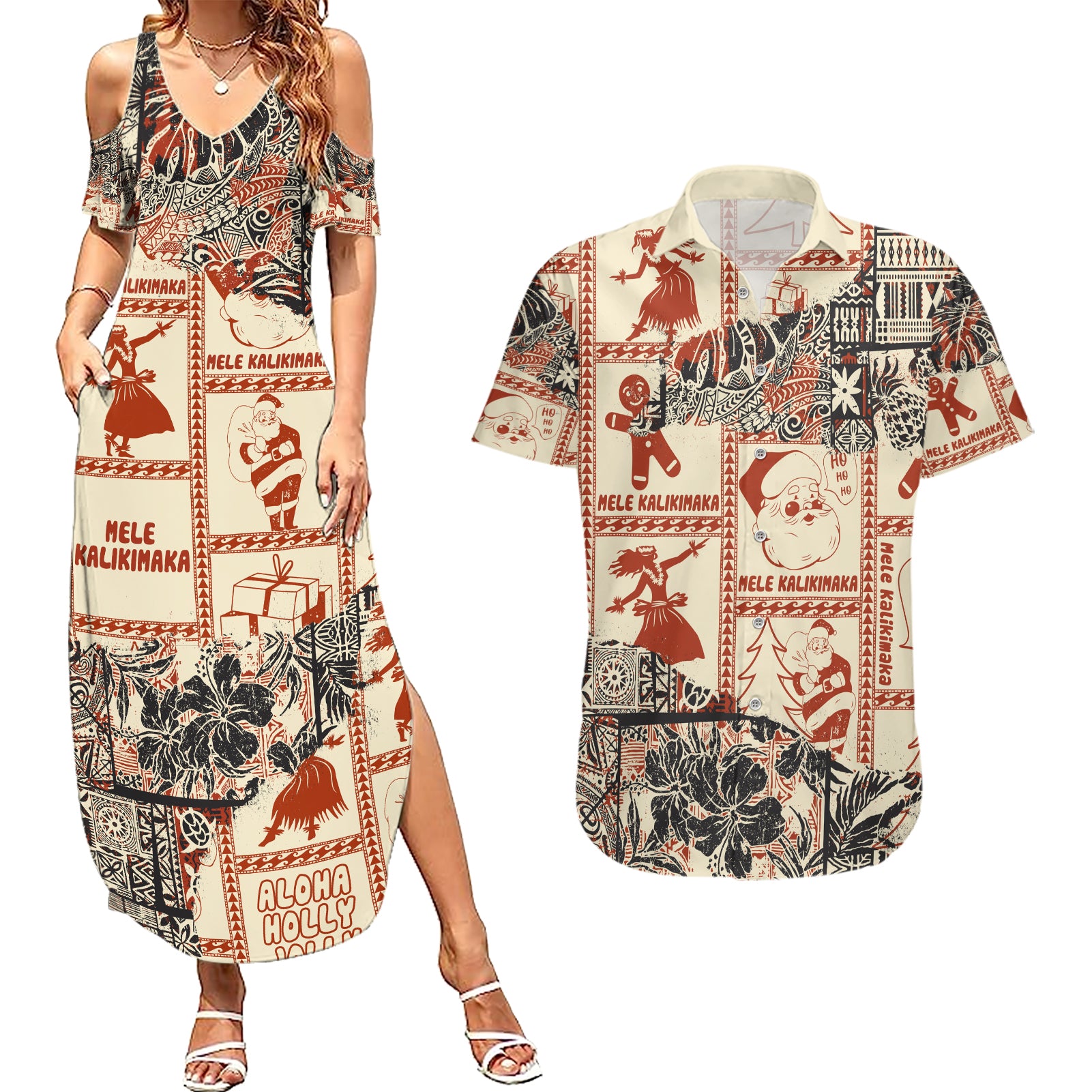 Aloha Hawaii Christmas Couples Matching Summer Maxi Dress and Hawaiian Shirt Mele Kalikimaka Tapa Tribal Retro Style LT9 Beige - Polynesian Pride