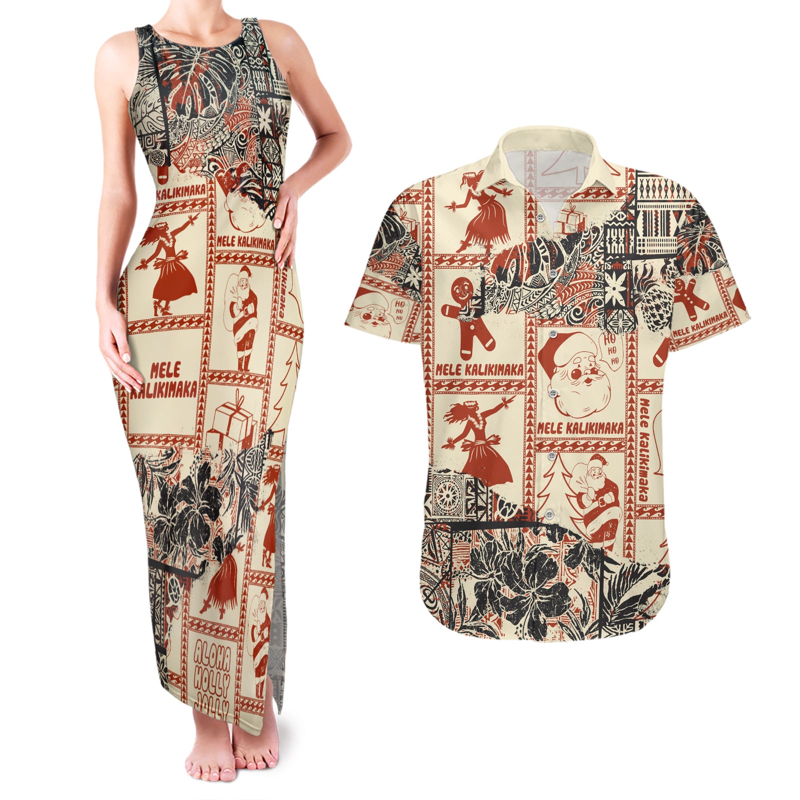 Aloha Hawaii Christmas Couples Matching Tank Maxi Dress and Hawaiian Shirt Mele Kalikimaka Tapa Tribal Retro Style LT9 Beige - Polynesian Pride