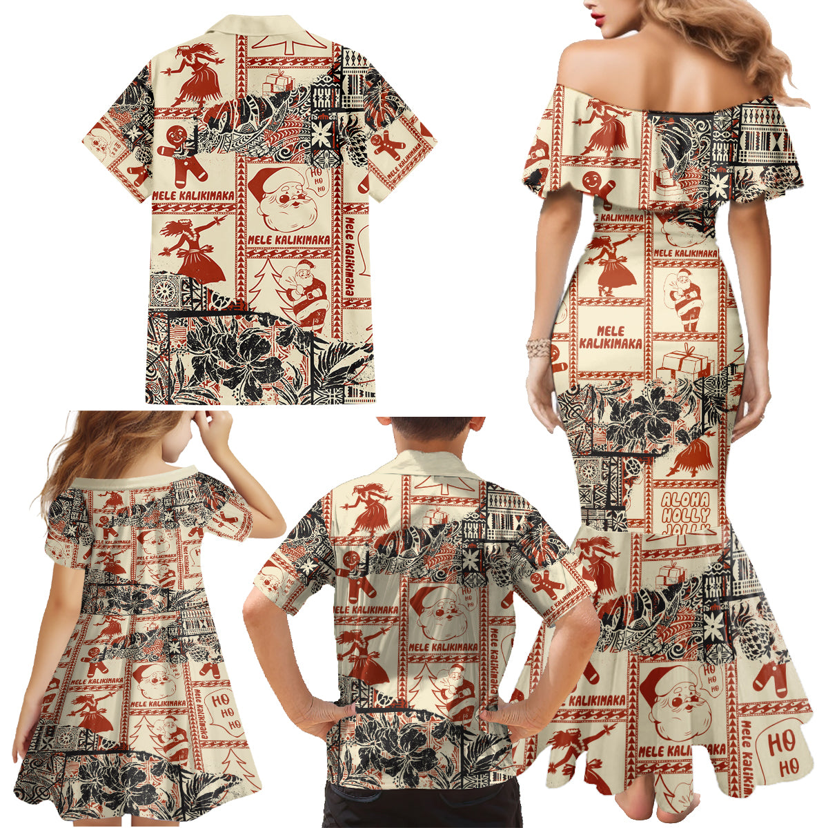 Aloha Hawaii Christmas Family Matching Mermaid Dress and Hawaiian Shirt Mele Kalikimaka Tapa Tribal Retro Style LT9 - Polynesian Pride