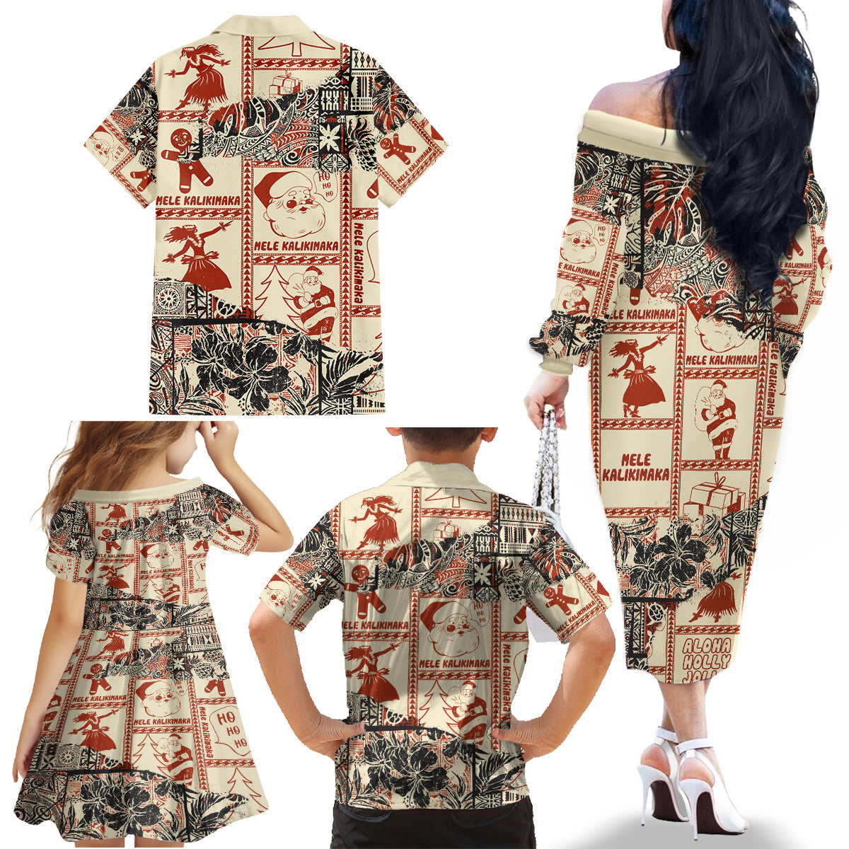 Aloha Hawaii Christmas Family Matching Off Shoulder Long Sleeve Dress and Hawaiian Shirt Mele Kalikimaka Tapa Tribal Retro Style LT9 - Polynesian Pride