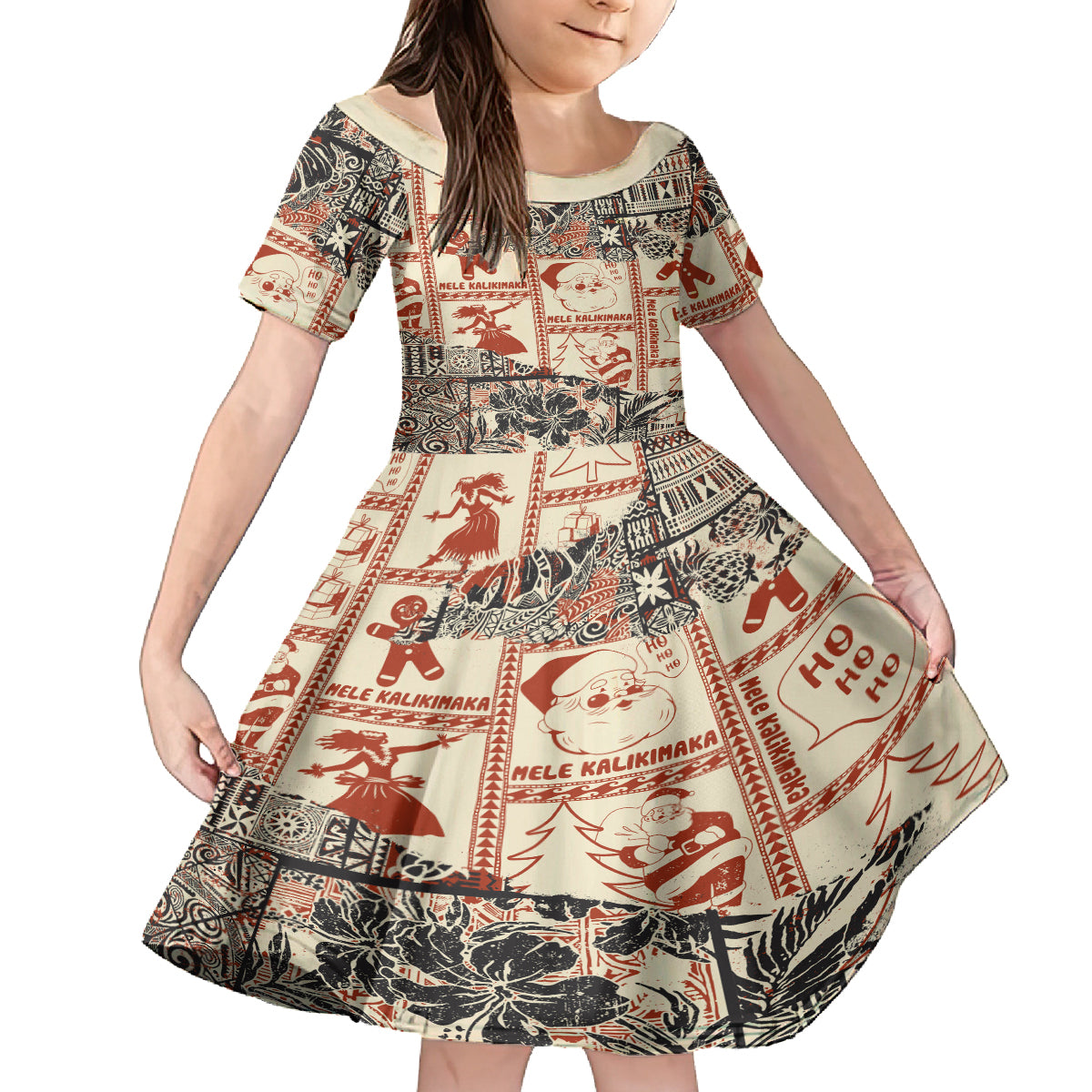 Aloha Hawaii Christmas Family Matching Tank Maxi Dress and Hawaiian Shirt Mele Kalikimaka Tapa Tribal Retro Style LT9 Daughter's Dress Beige - Polynesian Pride