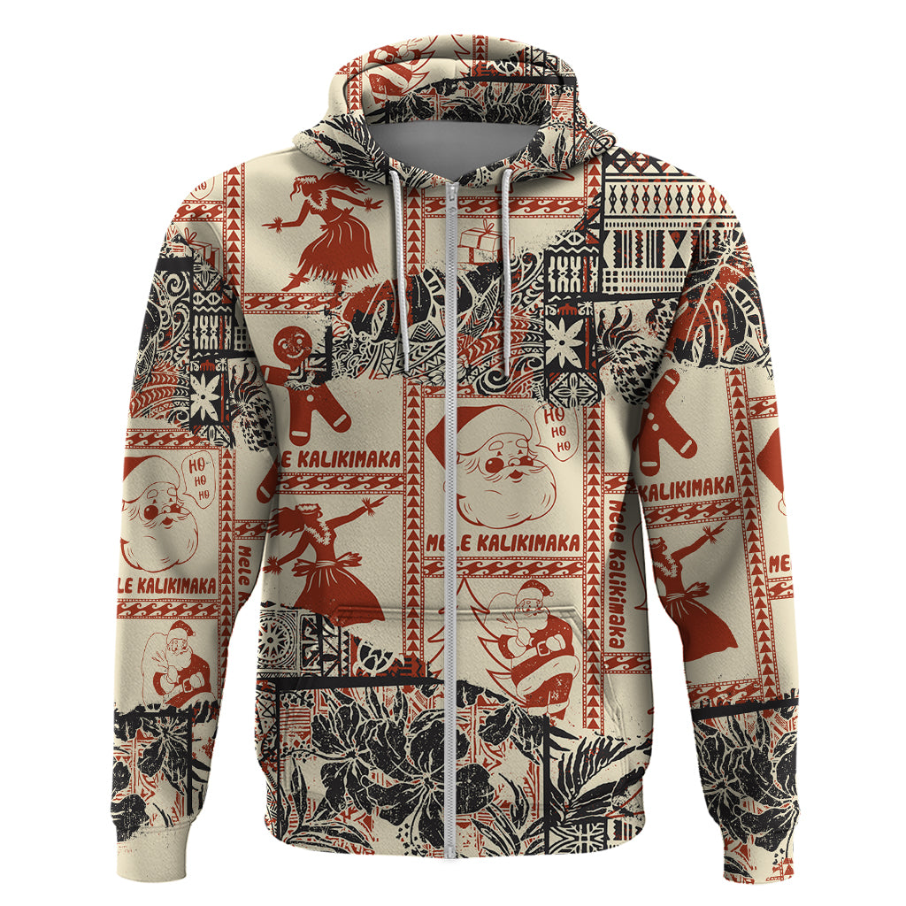 Aloha Hawaii Christmas Hoodie Mele Kalikimaka Tapa Tribal Retro Style LT9 Zip Hoodie Beige - Polynesian Pride