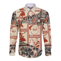 Aloha Hawaii Christmas Long Sleeve Button Shirt Mele Kalikimaka Tapa Tribal Retro Style LT9 Unisex Beige - Polynesian Pride
