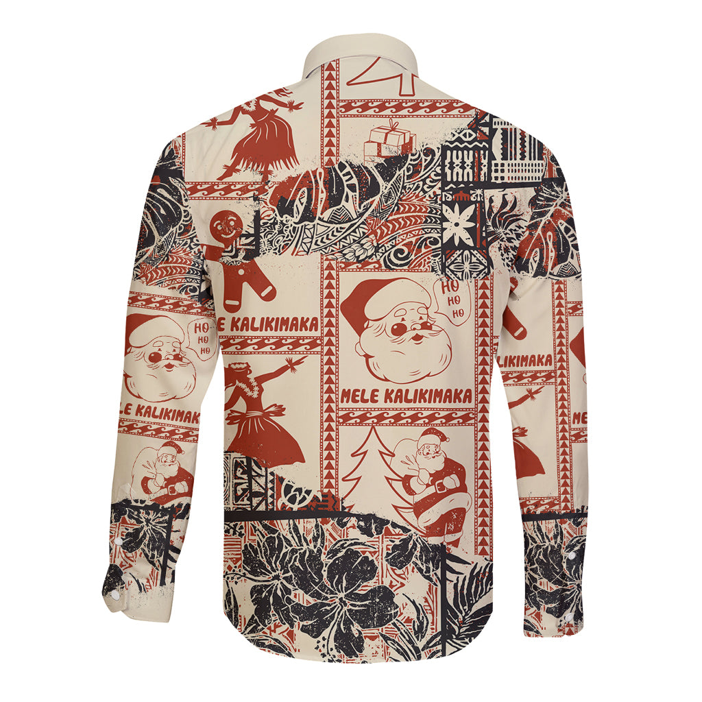 Aloha Hawaii Christmas Long Sleeve Button Shirt Mele Kalikimaka Tapa Tribal Retro Style LT9 - Polynesian Pride