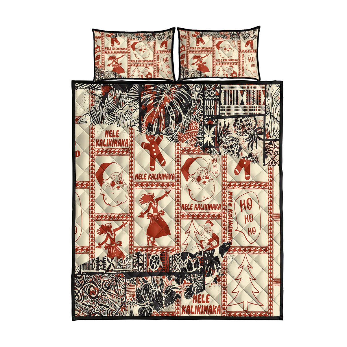 Aloha Hawaii Christmas Quilt Bed Set Mele Kalikimaka Tapa Tribal Retro Style LT9 Beige - Polynesian Pride