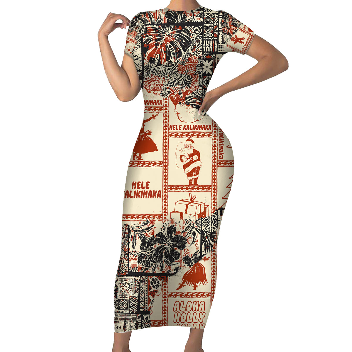 Aloha Hawaii Christmas Short Sleeve Bodycon Dress Mele Kalikimaka Tapa Tribal Retro Style LT9 Long Dress Beige - Polynesian Pride