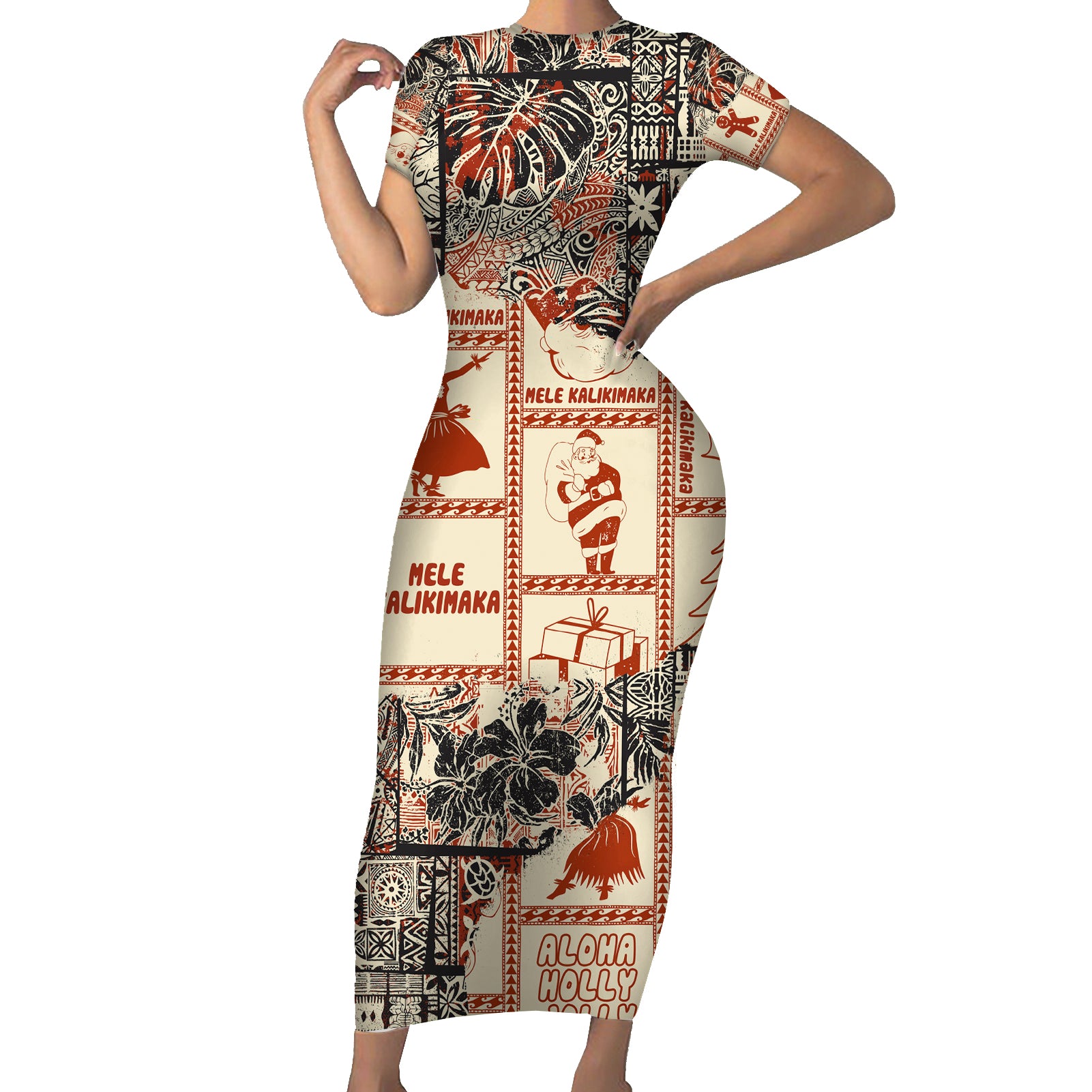 Aloha Hawaii Christmas Short Sleeve Bodycon Dress Mele Kalikimaka Tapa Tribal Retro Style LT9 Long Dress Beige - Polynesian Pride