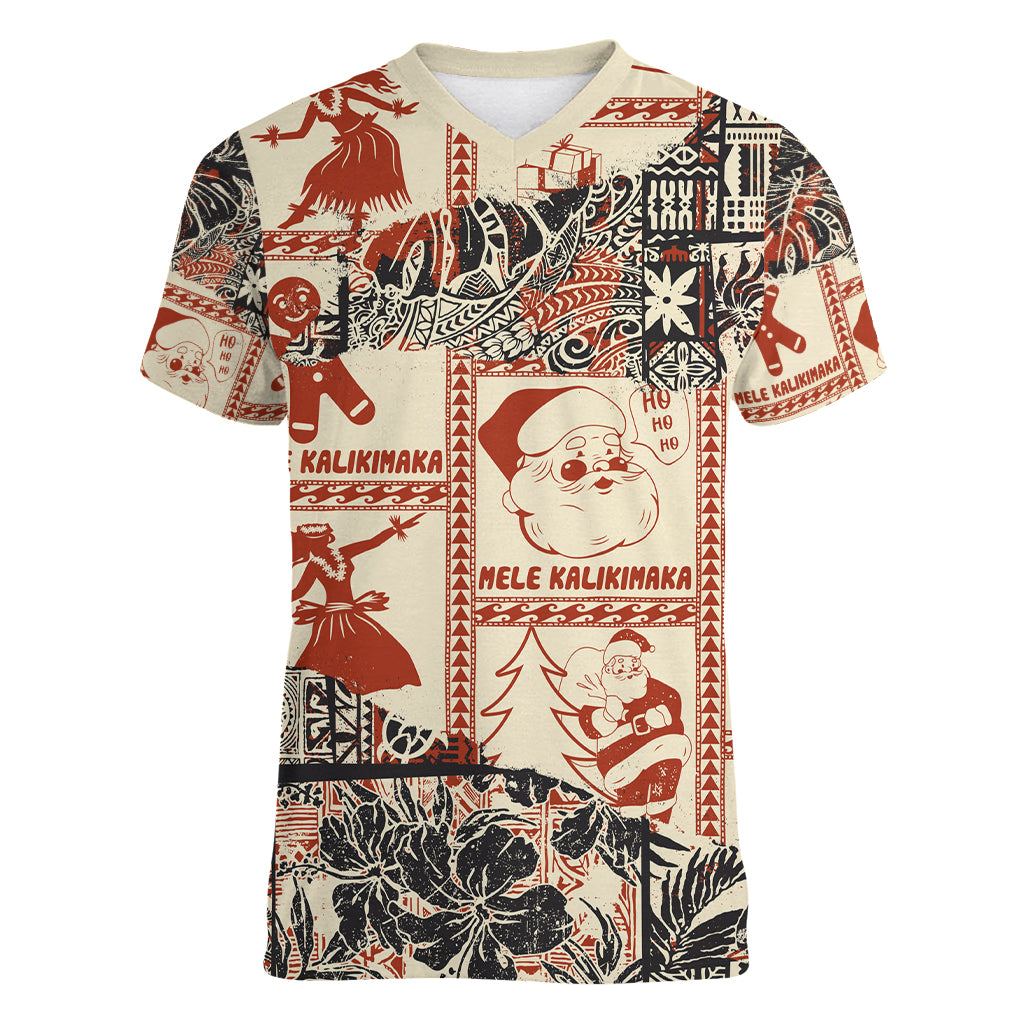Aloha Hawaii Christmas Women V Neck T Shirt Mele Kalikimaka Tapa Tribal Retro Style LT9 Female Beige - Polynesian Pride