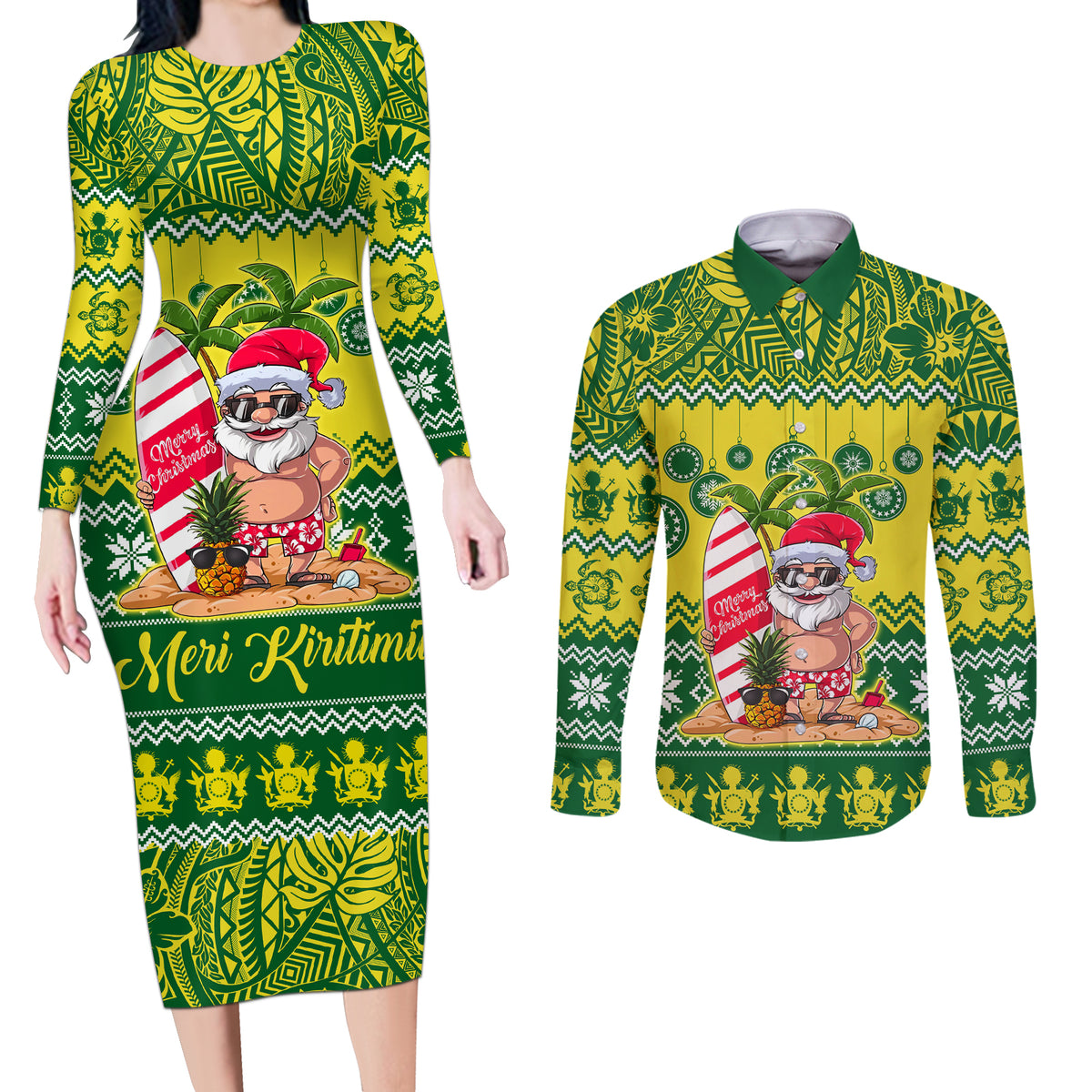 Cook Islands Christmas Couples Matching Long Sleeve Bodycon Dress and Long Sleeve Button Shirt Santa Beach Meri Kiritimiti LT9 Green - Polynesian Pride