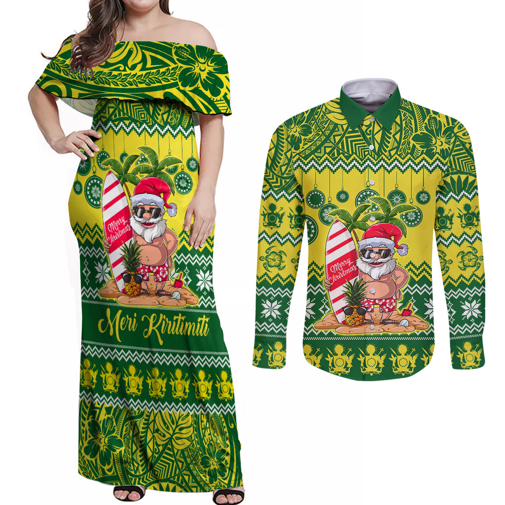 Cook Islands Christmas Couples Matching Off Shoulder Maxi Dress and Long Sleeve Button Shirt Santa Beach Meri Kiritimiti LT9 Green - Polynesian Pride