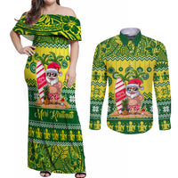 Cook Islands Christmas Couples Matching Off Shoulder Maxi Dress and Long Sleeve Button Shirt Santa Beach Meri Kiritimiti LT9 Green - Polynesian Pride