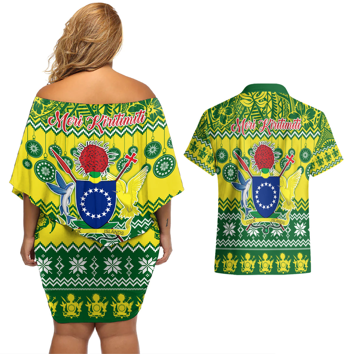 Cook Islands Christmas Couples Matching Off Shoulder Short Dress and Hawaiian Shirt Santa Beach Meri Kiritimiti LT9 - Polynesian Pride