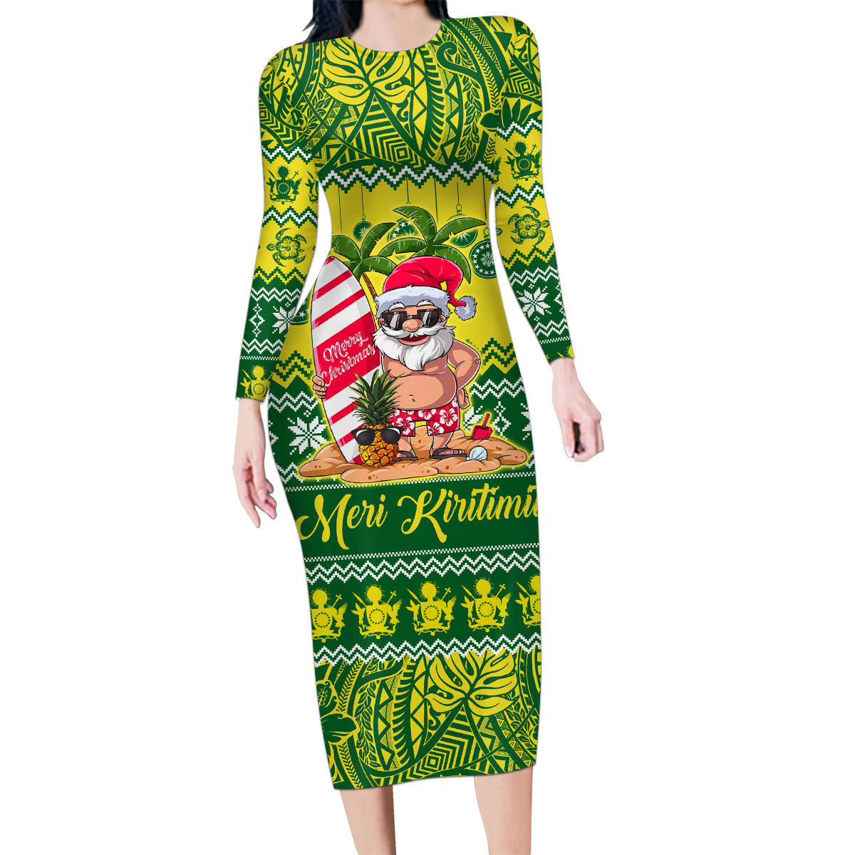 Cook Islands Christmas Family Matching Long Sleeve Bodycon Dress and Hawaiian Shirt Santa Beach Meri Kiritimiti LT9 Mom's Dress Green - Polynesian Pride