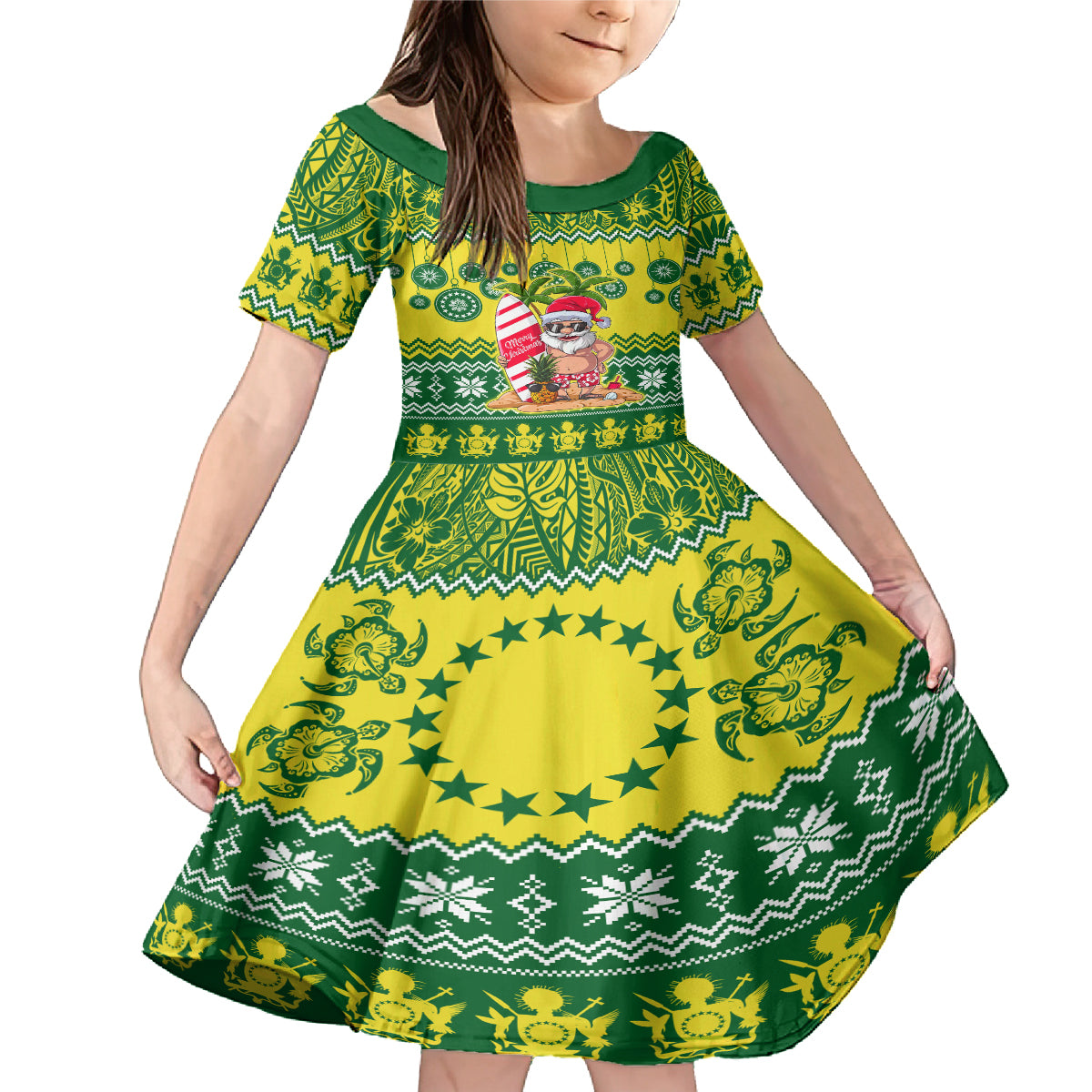 Cook Islands Christmas Family Matching Mermaid Dress and Hawaiian Shirt Santa Beach Meri Kiritimiti LT9 Daughter's Dress Green - Polynesian Pride
