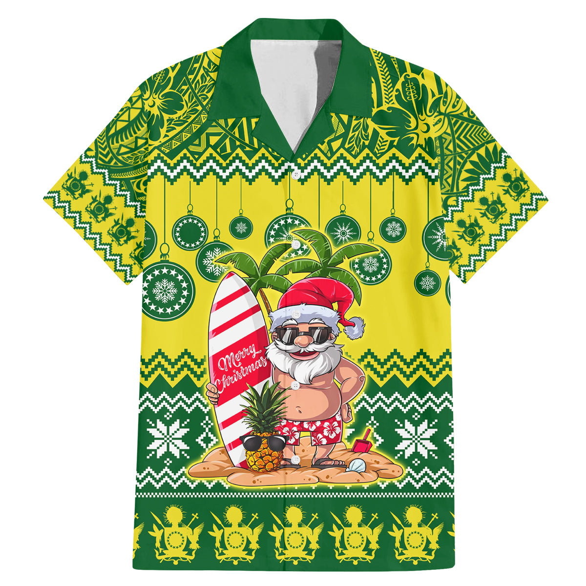 Cook Islands Christmas Family Matching Mermaid Dress and Hawaiian Shirt Santa Beach Meri Kiritimiti LT9 Dad's Shirt - Short Sleeve Green - Polynesian Pride