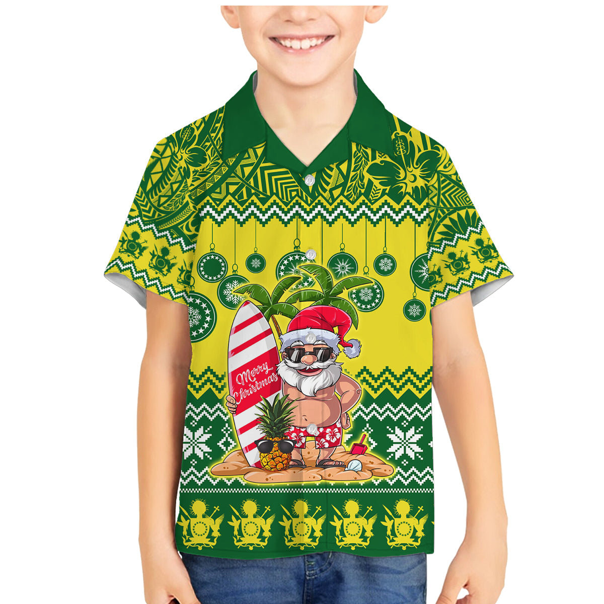 Cook Islands Christmas Family Matching Mermaid Dress and Hawaiian Shirt Santa Beach Meri Kiritimiti LT9 Son's Shirt Green - Polynesian Pride