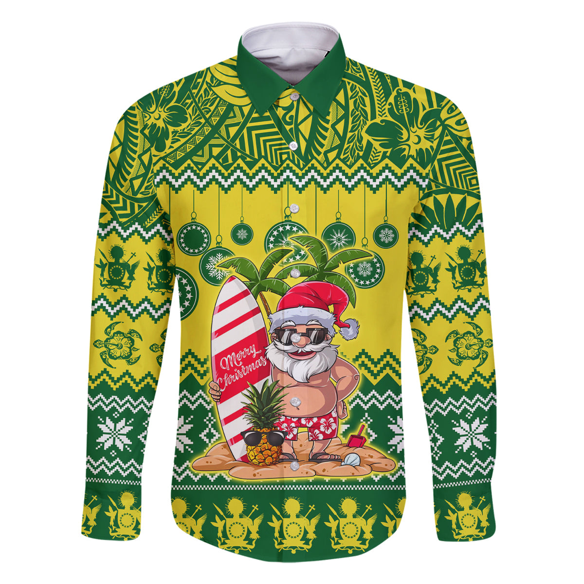 Cook Islands Christmas Family Matching Off Shoulder Short Dress and Hawaiian Shirt Santa Beach Meri Kiritimiti LT9 Dad's Shirt - Long Sleeve Green - Polynesian Pride