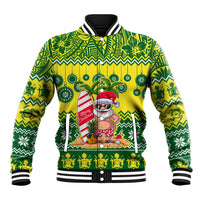 Personalised Cook Islands Christmas Baseball Jacket Santa Beach Meri Kiritimiti LT9 Unisex Green - Polynesian Pride