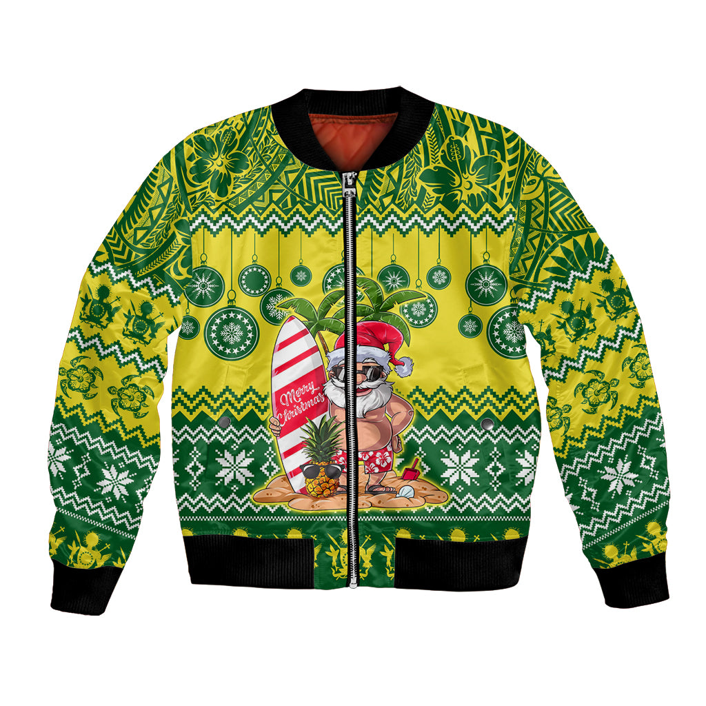 Personalised Cook Islands Christmas Bomber Jacket Santa Beach Meri Kiritimiti LT9 Unisex Green - Polynesian Pride