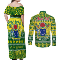 Personalised Cook Islands Christmas Couples Matching Off Shoulder Maxi Dress and Long Sleeve Button Shirt Santa Beach Meri Kiritimiti LT9 - Polynesian Pride