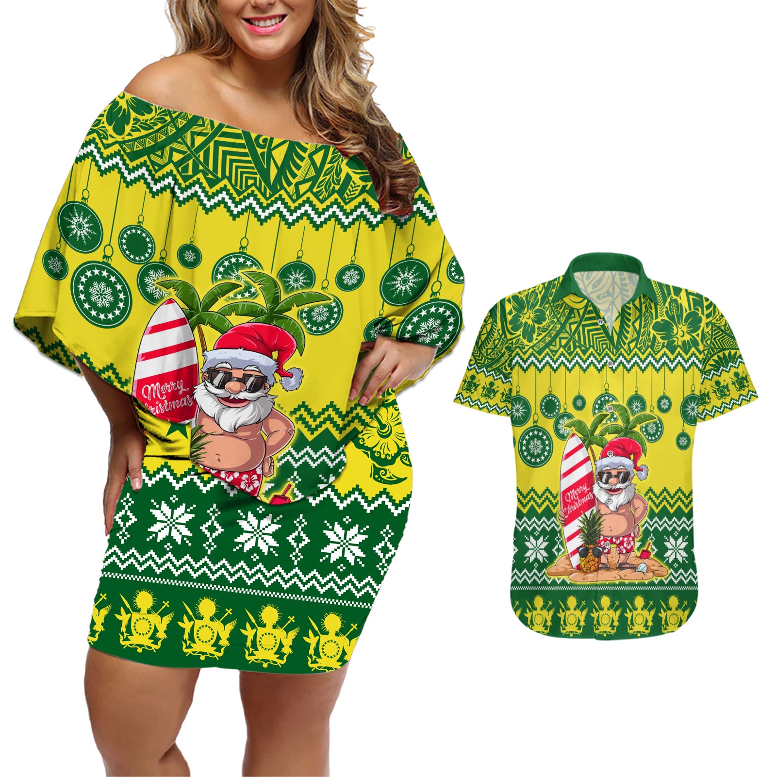 Personalised Cook Islands Christmas Couples Matching Off Shoulder Short Dress and Hawaiian Shirt Santa Beach Meri Kiritimiti LT9 Green - Polynesian Pride