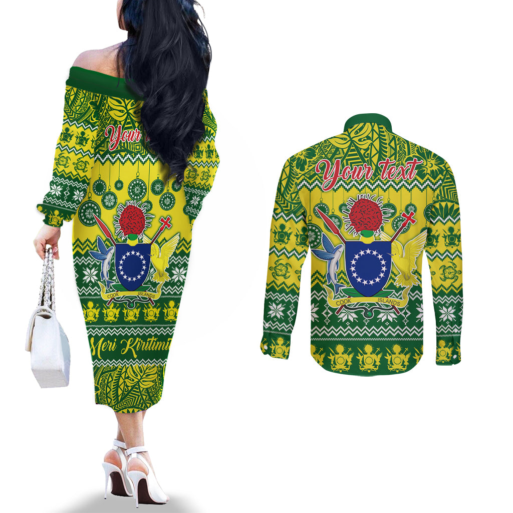 Personalised Cook Islands Christmas Couples Matching Off The Shoulder Long Sleeve Dress and Long Sleeve Button Shirt Santa Beach Meri Kiritimiti LT9 - Polynesian Pride