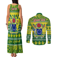 Personalised Cook Islands Christmas Couples Matching Tank Maxi Dress and Long Sleeve Button Shirt Santa Beach Meri Kiritimiti LT9 - Polynesian Pride