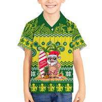 Personalised Cook Islands Christmas Family Matching Off Shoulder Short Dress and Hawaiian Shirt Santa Beach Meri Kiritimiti LT9 Son's Shirt Green - Polynesian Pride