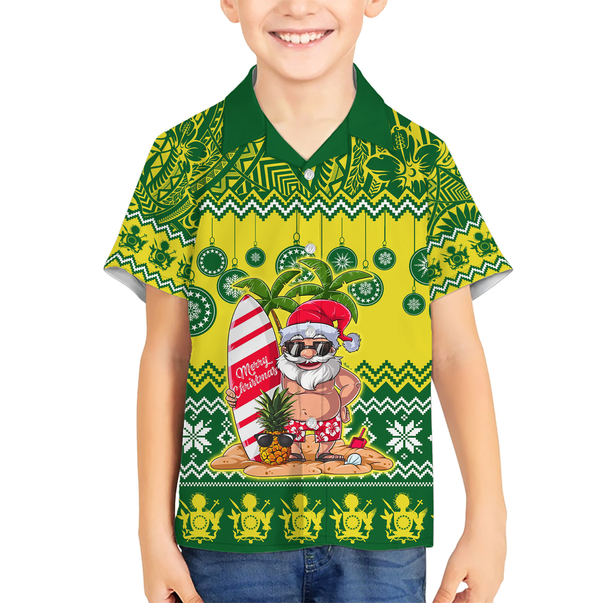 Personalised Cook Islands Christmas Family Matching Short Sleeve Bodycon Dress and Hawaiian Shirt Santa Beach Meri Kiritimiti LT9 Son's Shirt Green - Polynesian Pride