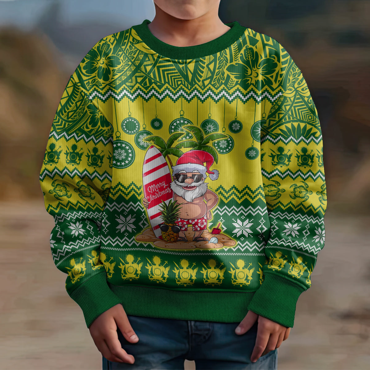 Personalised Cook Islands Christmas Kid Ugly Christmas Sweater Santa Beach Meri Kiritimiti LT9 - Polynesian Pride