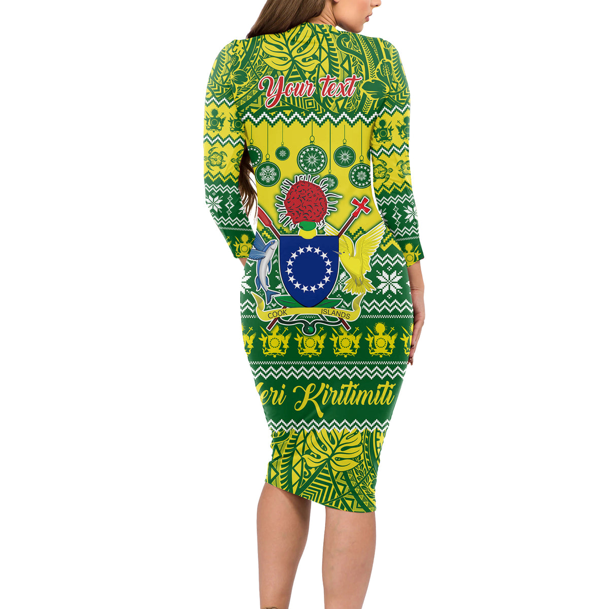 Personalised Cook Islands Christmas Long Sleeve Bodycon Dress Santa Beach Meri Kiritimiti LT9 - Polynesian Pride