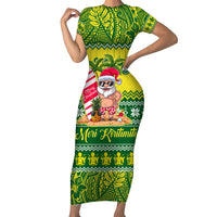 Personalised Cook Islands Christmas Short Sleeve Bodycon Dress Santa Beach Meri Kiritimiti LT9 Long Dress Green - Polynesian Pride