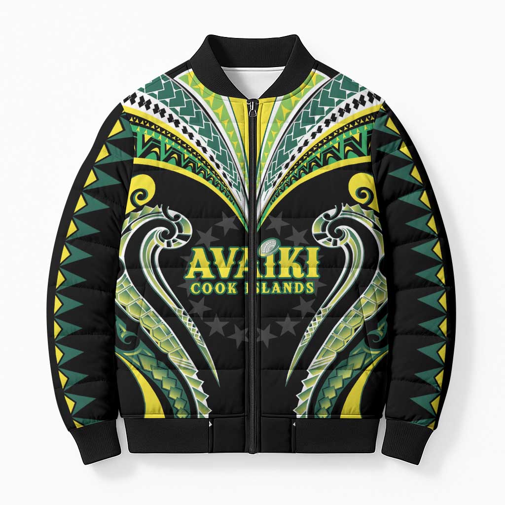 Custom Rugby Cook Islands Avaiki Bomber Puffer Jacket Black Kuki Airani Tribal Maori Inspired LT9 Unisex Black - Polynesian Pride