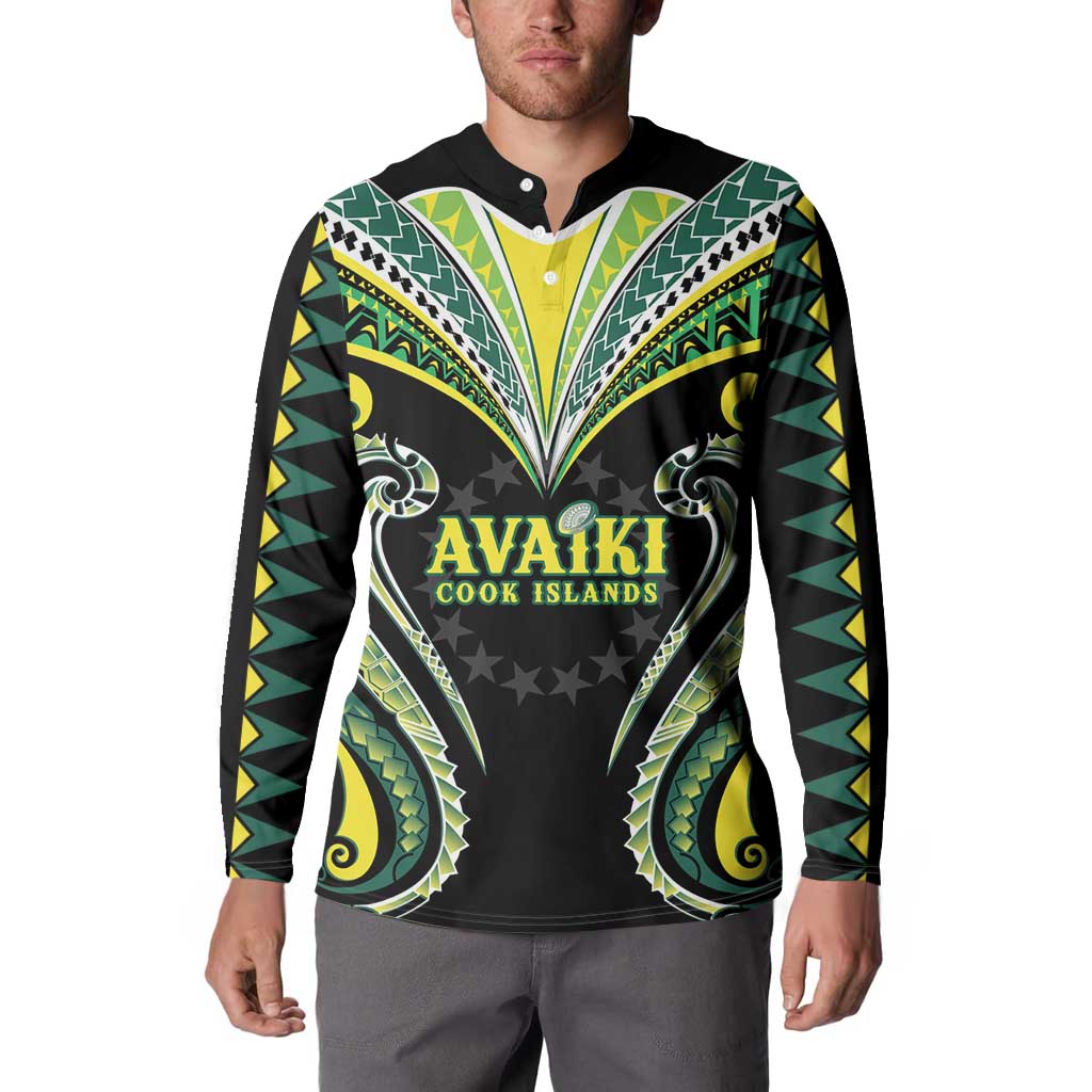 Custom Rugby Cook Islands Avaiki Button Sweatshirt Black Kuki Airani Tribal Maori Inspired LT9 - Polynesian Pride