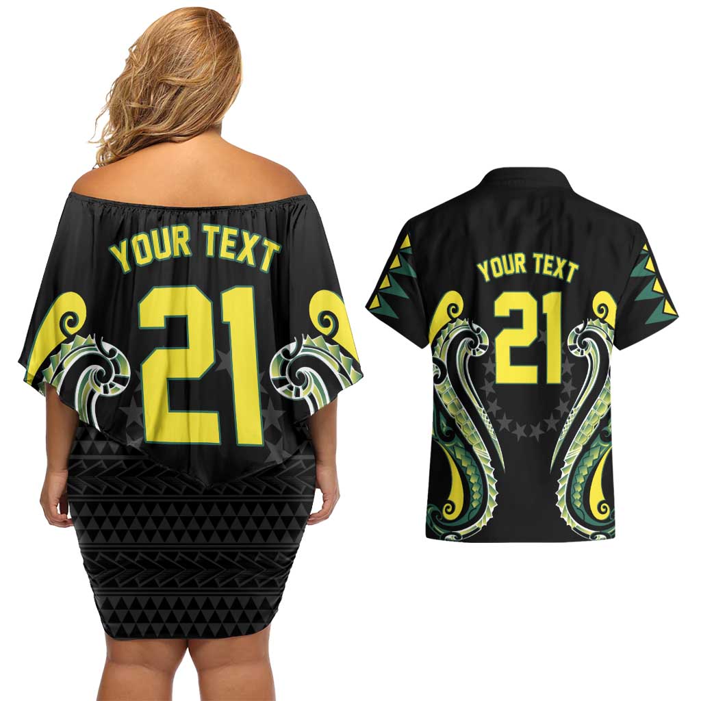 Custom Rugby Cook Islands Avaiki Couples Matching Off Shoulder Short Dress and Hawaiian Shirt Black Kuki Airani Tribal Maori Inspired - Polynesian Pride