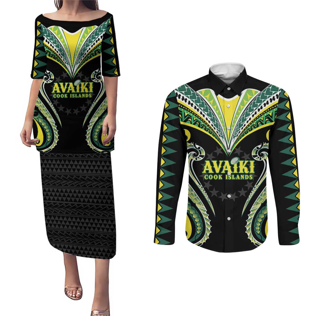 Custom Rugby Cook Islands Avaiki Couples Matching Puletasi and Long Sleeve Button Shirt Black Kuki Airani Tribal Maori Inspired - Polynesian Pride