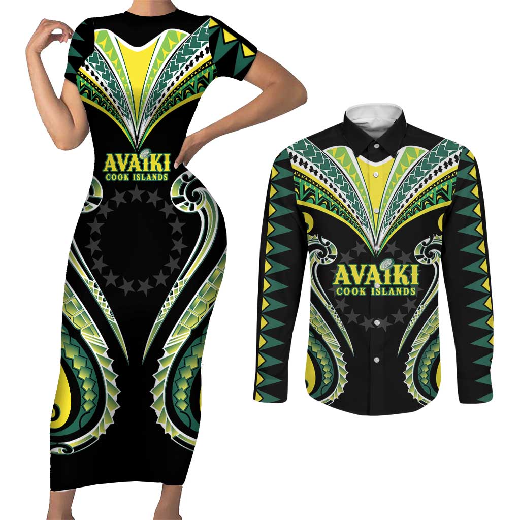 Custom Rugby Cook Islands Avaiki Couples Matching Short Sleeve Bodycon Dress and Long Sleeve Button Shirt Black Kuki Airani Tribal Maori Inspired - Polynesian Pride