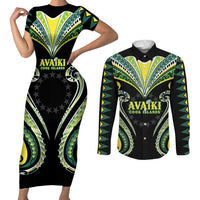 Custom Rugby Cook Islands Avaiki Couples Matching Short Sleeve Bodycon Dress and Long Sleeve Button Shirt Black Kuki Airani Tribal Maori Inspired - Polynesian Pride