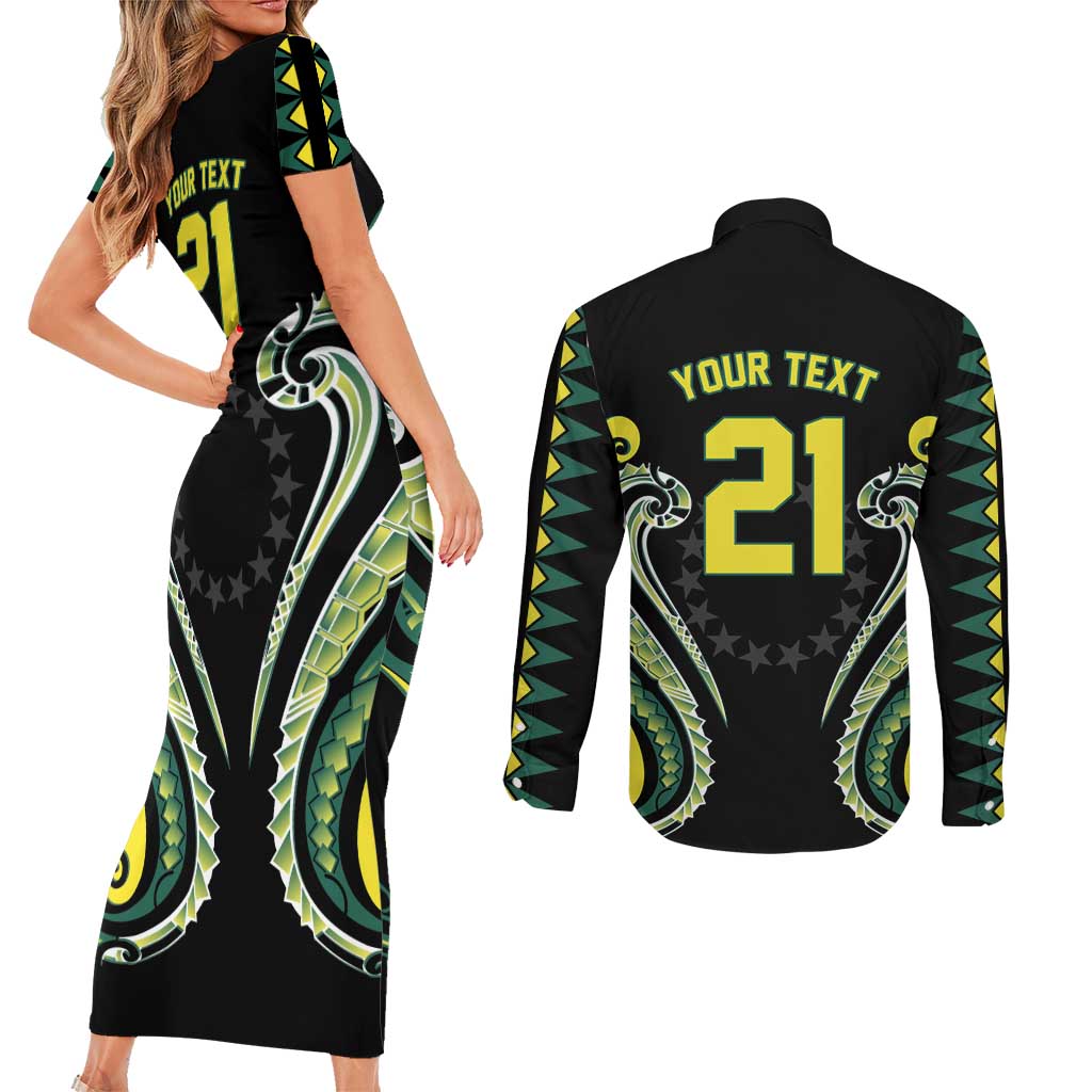 Custom Rugby Cook Islands Avaiki Couples Matching Short Sleeve Bodycon Dress and Long Sleeve Button Shirt Black Kuki Airani Tribal Maori Inspired - Polynesian Pride