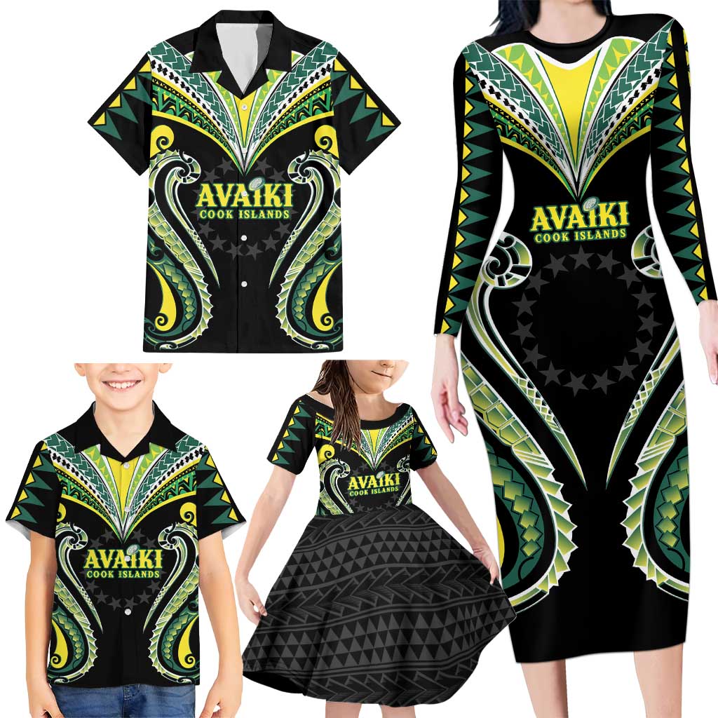 Custom Rugby Cook Islands Avaiki Family Matching Long Sleeve Bodycon Dress and Hawaiian Shirt Black Kuki Airani Tribal Maori Inspired - Polynesian Pride